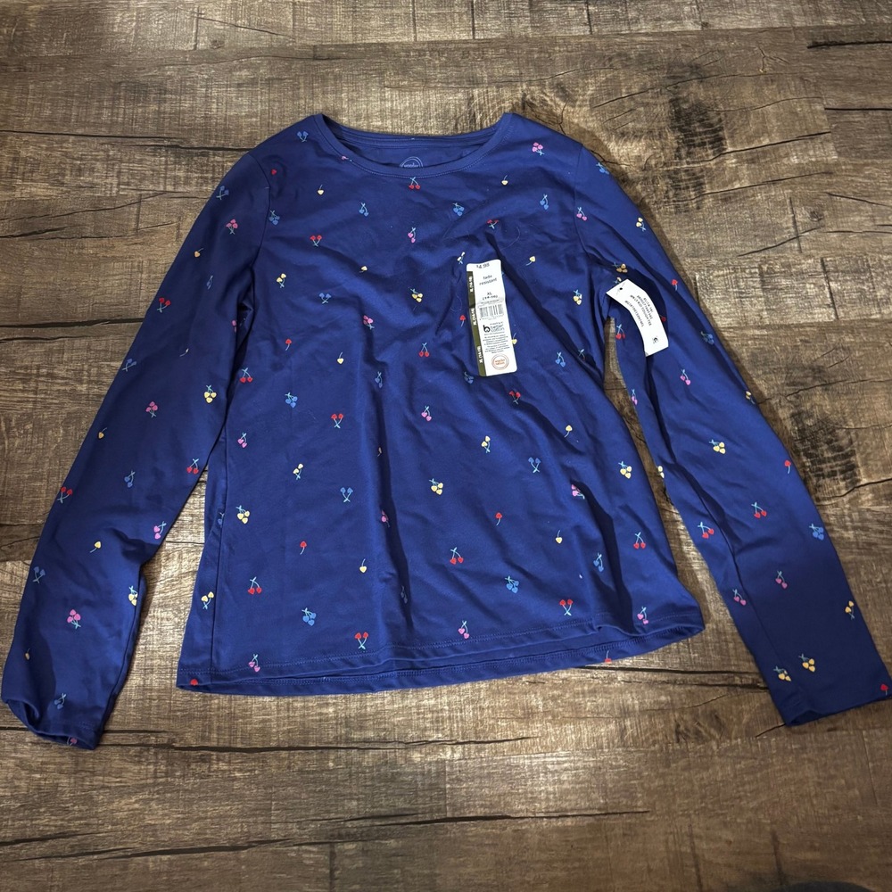Wonder Nation Kids Long‎ Sleeve Cherry Print Tee Shirt Blue Size XL 14 16